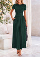 Casual Short Sleeve Ruched Patchwork A Line Pleated Swing Maxi Dresses with Pockets