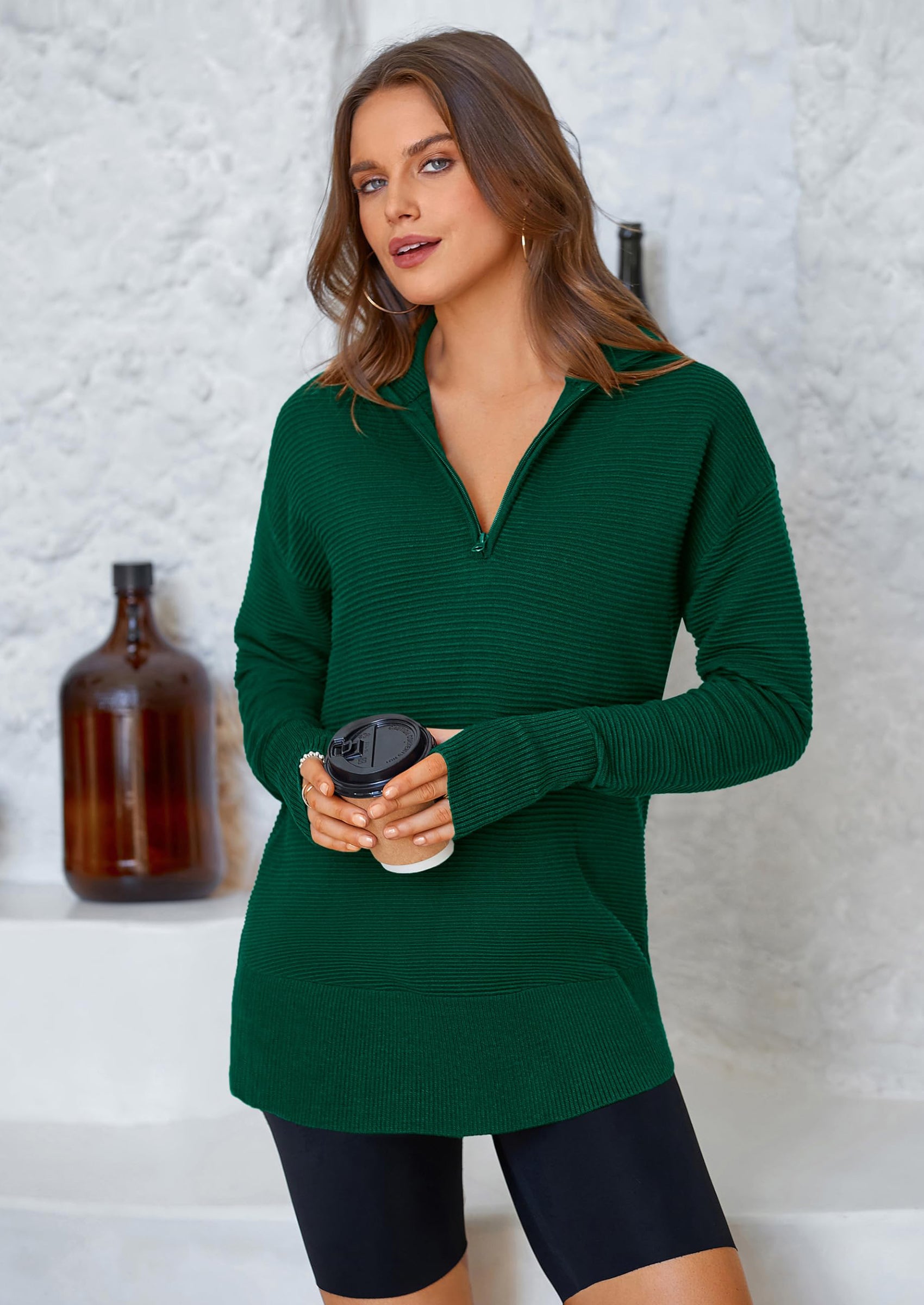 PRETTYGARDEN Womens Long Sleeve Quarter Zip Pullover Sweater Casual Loose V Neck Collared Ribbed Knit Jumper Tops Thumb Hole