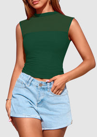Sheer Mesh Casual Sleeveless Mock Neck Ruched Slim Fitted Tank Tops