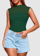 Sheer Mesh Casual Sleeveless Mock Neck Ruched Slim Fitted Tank Tops