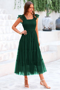 Casual Sleeveless Smocked Ruffle Tulle Flowy Beach Sundress