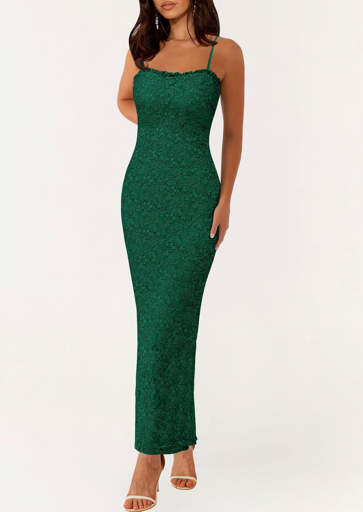 Elegant Spaghetti Strap Lace Floral Bodycon Maxi Dress