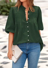 Lantern Sleeve Loose Fit Button Down Casual Pleated V Neck Blouses