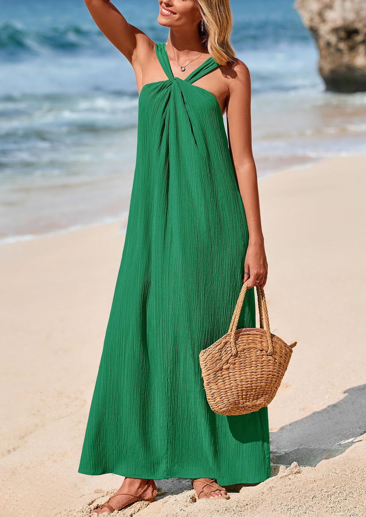 Casual Sleeveless Strappy Loose Flowy Beach Maxi Dress with Pockets