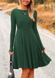 Ribbed Knit Crew Neck Long Sleeve A-Line Flowy Casual Elegant Mini Dresses