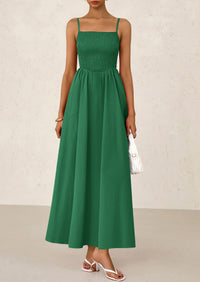 Smocked Beach Casual Spaghetti Strap Swing A Line Flowy Maxi Dresses