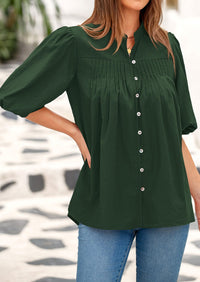 Lantern Sleeve Loose Fit Button Down Casual Pleated V Neck Blouses