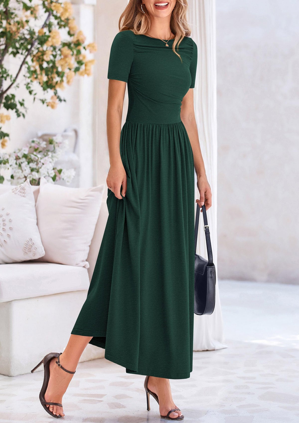 Casual Short Sleeve Ruched Patchwork A Line Pleated Swing Maxi Dresses with Pockets