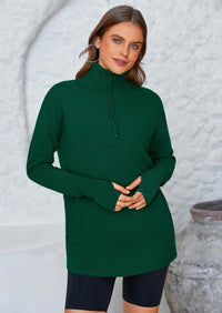 PRETTYGARDEN Womens Long Sleeve Quarter Zip Pullover Sweater Casual Loose V Neck Collared Ribbed Knit Jumper Tops Thumb Hole