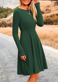 Ribbed Knit Crew Neck Long Sleeve A-Line Flowy Casual Elegant Mini Dresses
