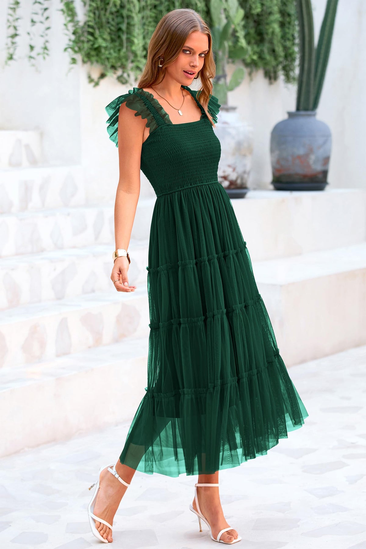 Casual Sleeveless Smocked Ruffle Tulle Flowy Beach Sundress