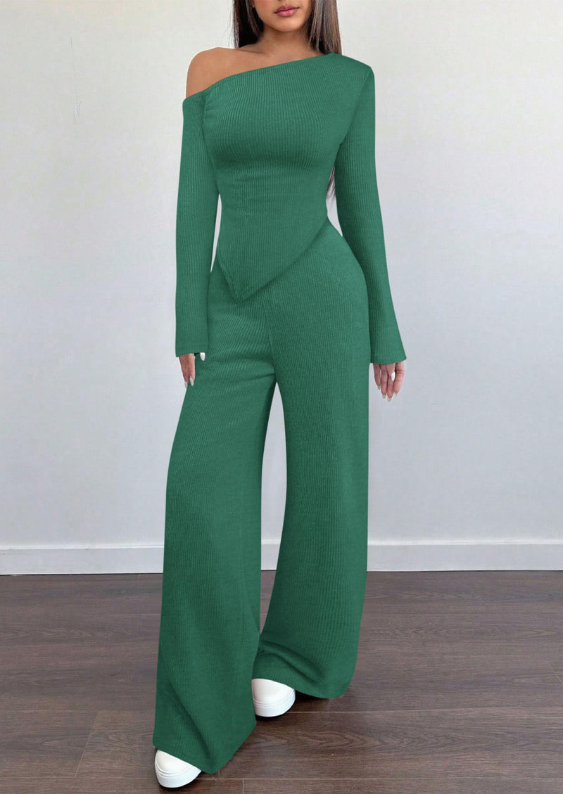 PRETTYGARDEN Casual Two Piece Sets for Women Fall Outfits Asymmetrical Off Shoulder Tops Wide Leg Pants Knit Lounge Set