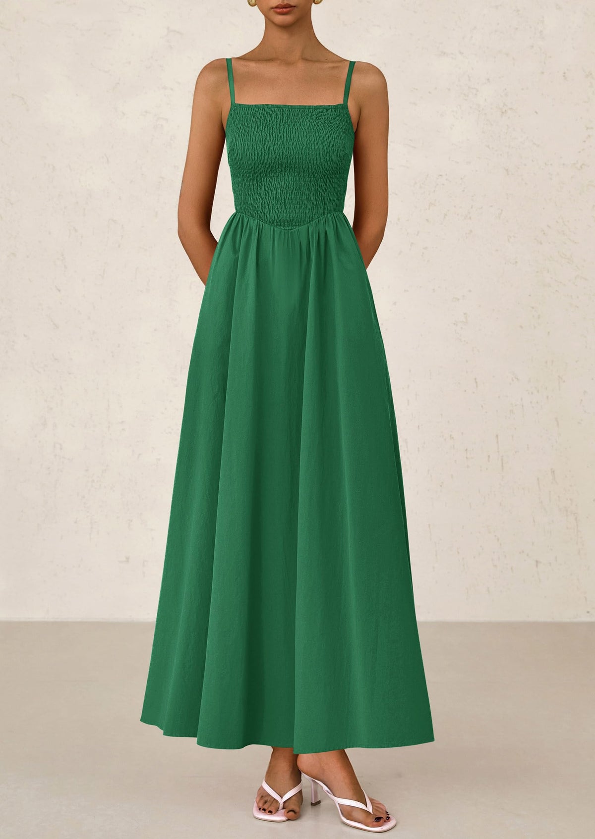 Smocked Beach Casual Spaghetti Strap Swing A Line Flowy Maxi Dresses