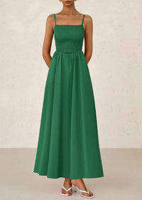 Smocked Beach Casual Spaghetti Strap Swing A Line Flowy Maxi Dresses