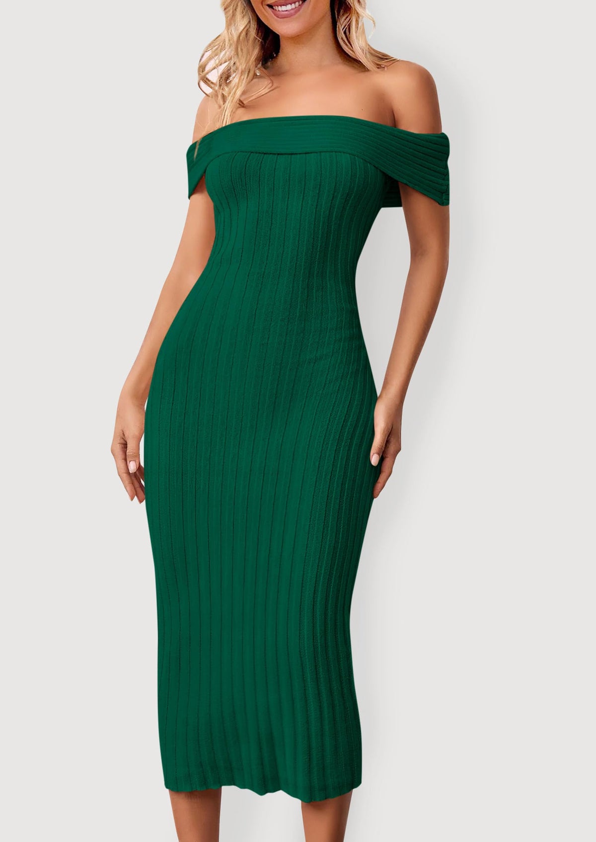 Off The Shoulder Elegant Ribbed Knit Bodycon Wedding Guest Sweater Midi Dresses