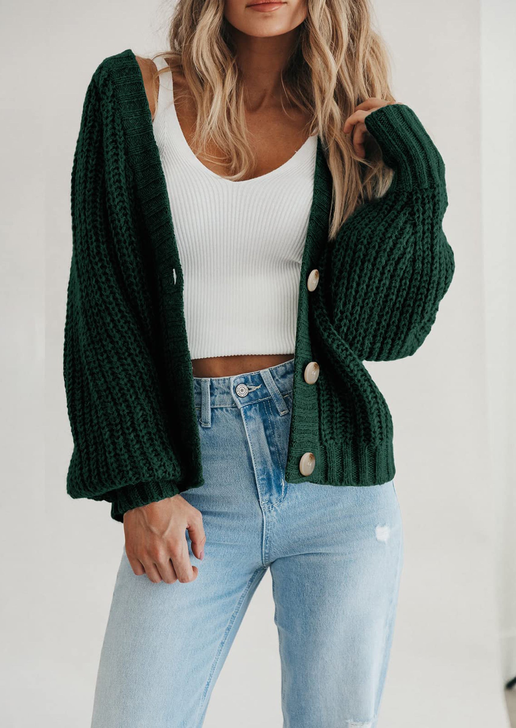 PRETTYGARDEN Women's Chunky Knit Open Front Sweater Long Sleeve Button Loose Short Cardigan Outerwear Coats