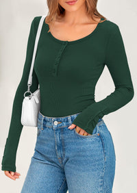 Long Sleeve Henley Ribbed Knit Button Up Slim Fitted Basic Casual T-shirts