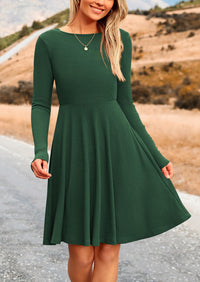 Ribbed Knit Crew Neck Long Sleeve A-Line Flowy Casual Elegant Mini Dresses