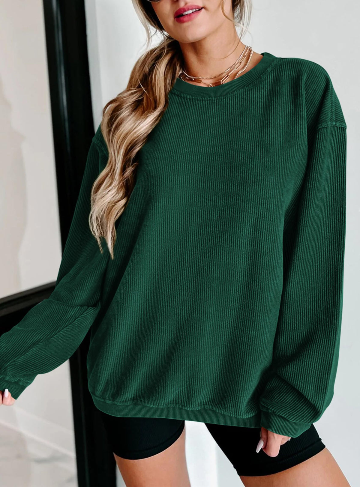 Ribbed Corduroy Crew Neck Long Sleeve Loose Fit Casual Oversized Sweatshirt
