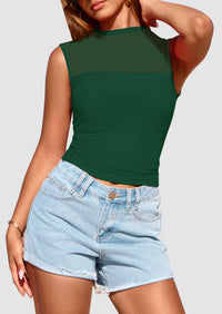 Sheer Mesh Casual Sleeveless Mock Neck Ruched Slim Fitted Tank Tops