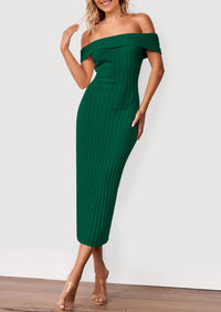 Off The Shoulder Elegant Ribbed Knit Bodycon Wedding Guest Sweater Midi Dresses