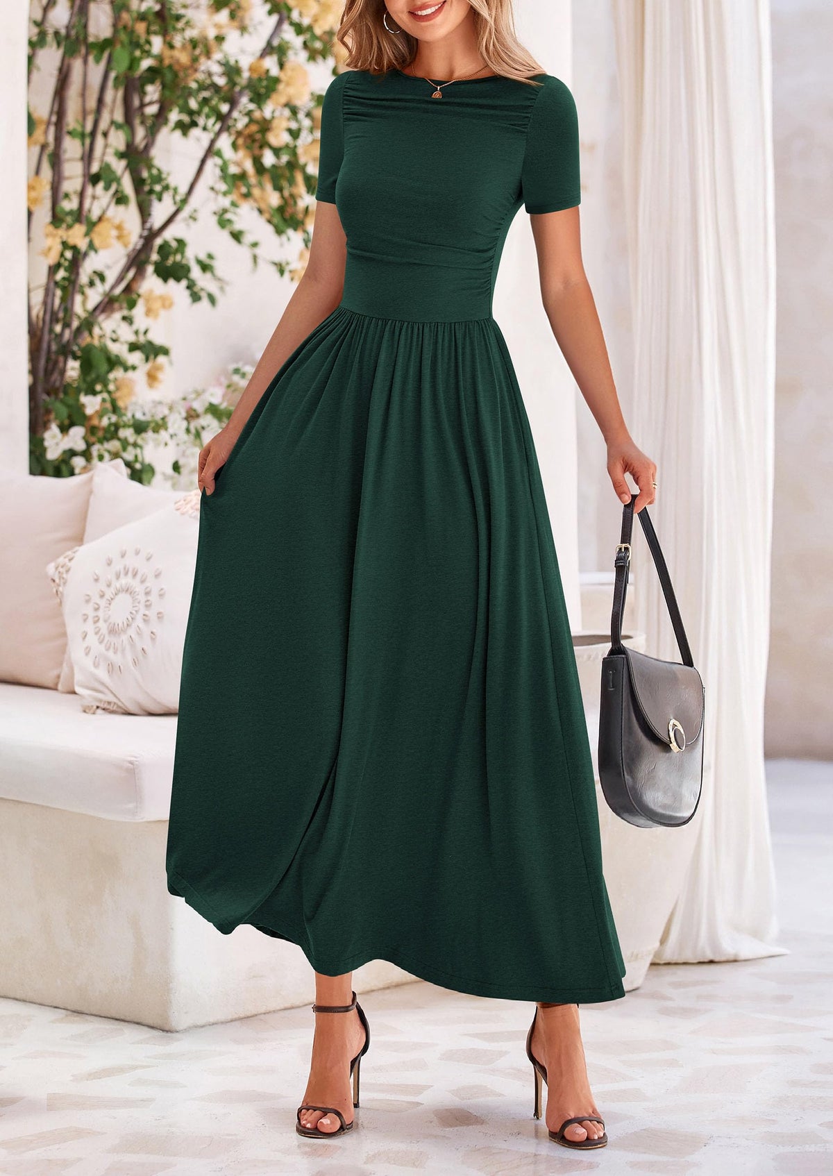 Casual Short Sleeve Ruched Patchwork A Line Pleated Swing Maxi Dresses with Pockets