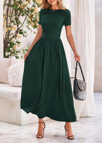 Casual Short Sleeve Ruched Patchwork A Line Pleated Swing Maxi Dresses with Pockets