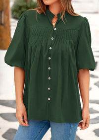 Lantern Sleeve Loose Fit Button Down Casual Pleated V Neck Blouses