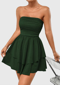 Strapless Tube  Off Shoulder Smocked Ruffle A Line Mini Dress