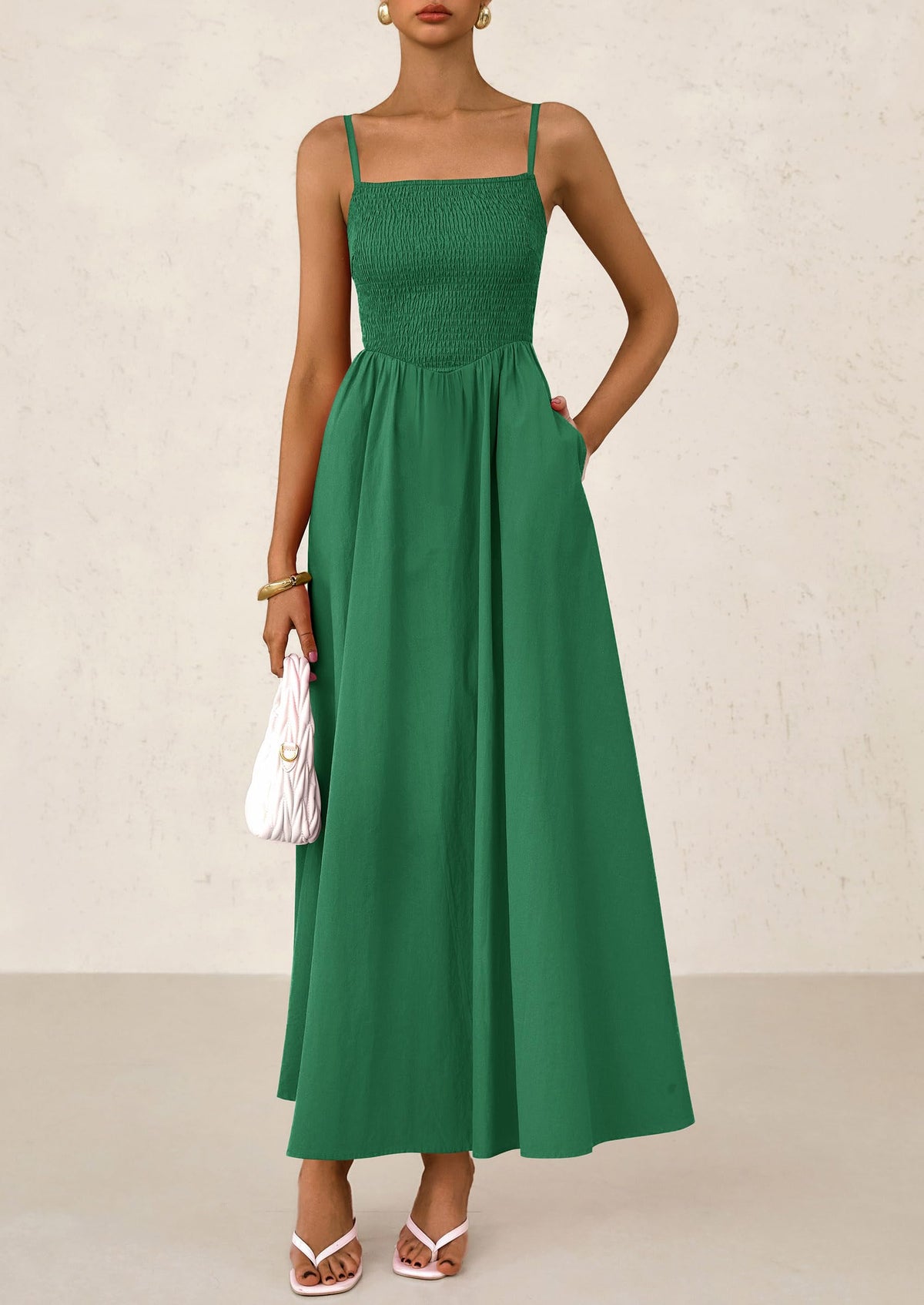 Smocked Beach Casual Spaghetti Strap Swing A Line Flowy Maxi Dresses