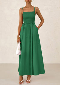 Smocked Beach Casual Spaghetti Strap Swing A Line Flowy Maxi Dresses