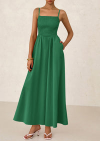 Smocked Beach Casual Spaghetti Strap Swing A Line Flowy Maxi Dresses