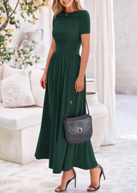 Casual Short Sleeve Ruched Patchwork A Line Pleated Swing Maxi Dresses with Pockets