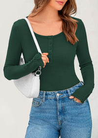 Long Sleeve Henley Ribbed Knit Button Up Slim Fitted Basic Casual T-shirts
