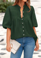 Lantern Sleeve Loose Fit Button Down Casual Pleated V Neck Blouses