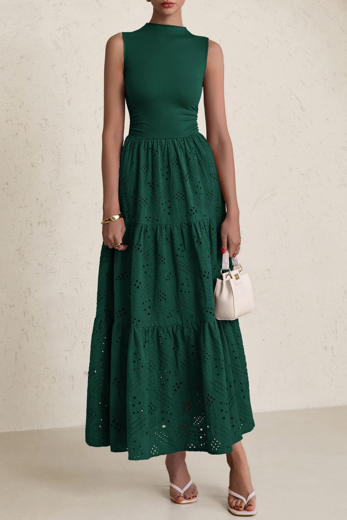 Casual Eyelet Sleeveless Maxi Dress with Pockets