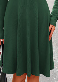 Ribbed Knit Crew Neck Long Sleeve A-Line Flowy Casual Elegant Mini Dresses