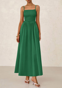 Smocked Beach Casual Spaghetti Strap Swing A Line Flowy Maxi Dresses