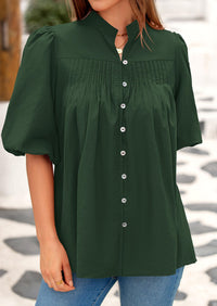 Lantern Sleeve Loose Fit Button Down Casual Pleated V Neck Blouses