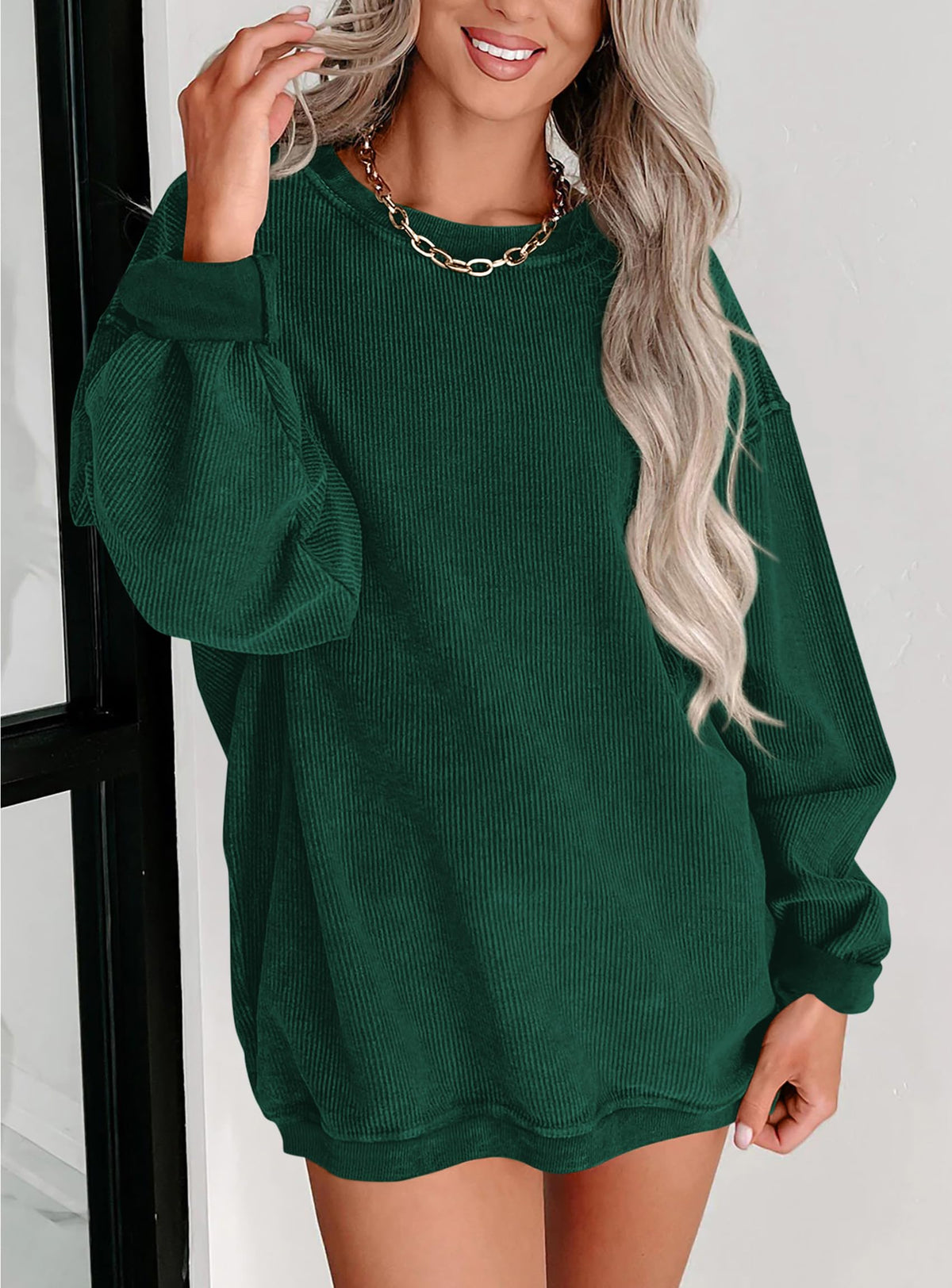 Ribbed Corduroy Crew Neck Long Sleeve Loose Fit Casual Oversized Sweatshirt
