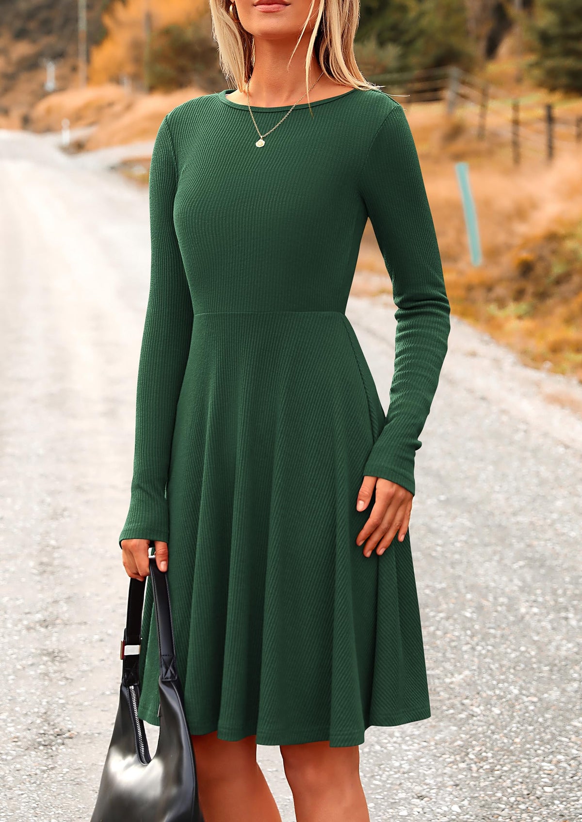 Ribbed Knit Crew Neck Long Sleeve A-Line Flowy Casual Elegant Mini Dresses