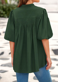 Lantern Sleeve Loose Fit Button Down Casual Pleated V Neck Blouses