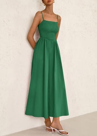 Smocked Beach Casual Spaghetti Strap Swing A Line Flowy Maxi Dresses