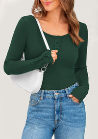 Long Sleeve Henley Ribbed Knit Button Up Slim Fitted Basic Casual T-shirts