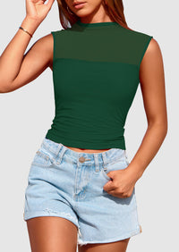 Sheer Mesh Casual Sleeveless Mock Neck Ruched Slim Fitted Tank Tops