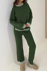 Knitted Casual Long Sleeve Pullover Wide Leg Pant 2 Piece Sets