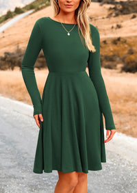 Ribbed Knit Crew Neck Long Sleeve A-Line Flowy Casual Elegant Mini Dresses