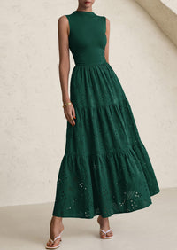 Casual Eyelet Sleeveless Maxi Dress with Pockets