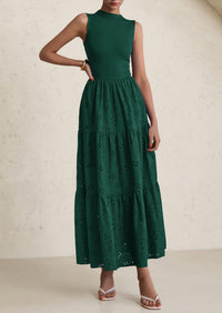 Casual Eyelet Sleeveless Maxi Dress with Pockets