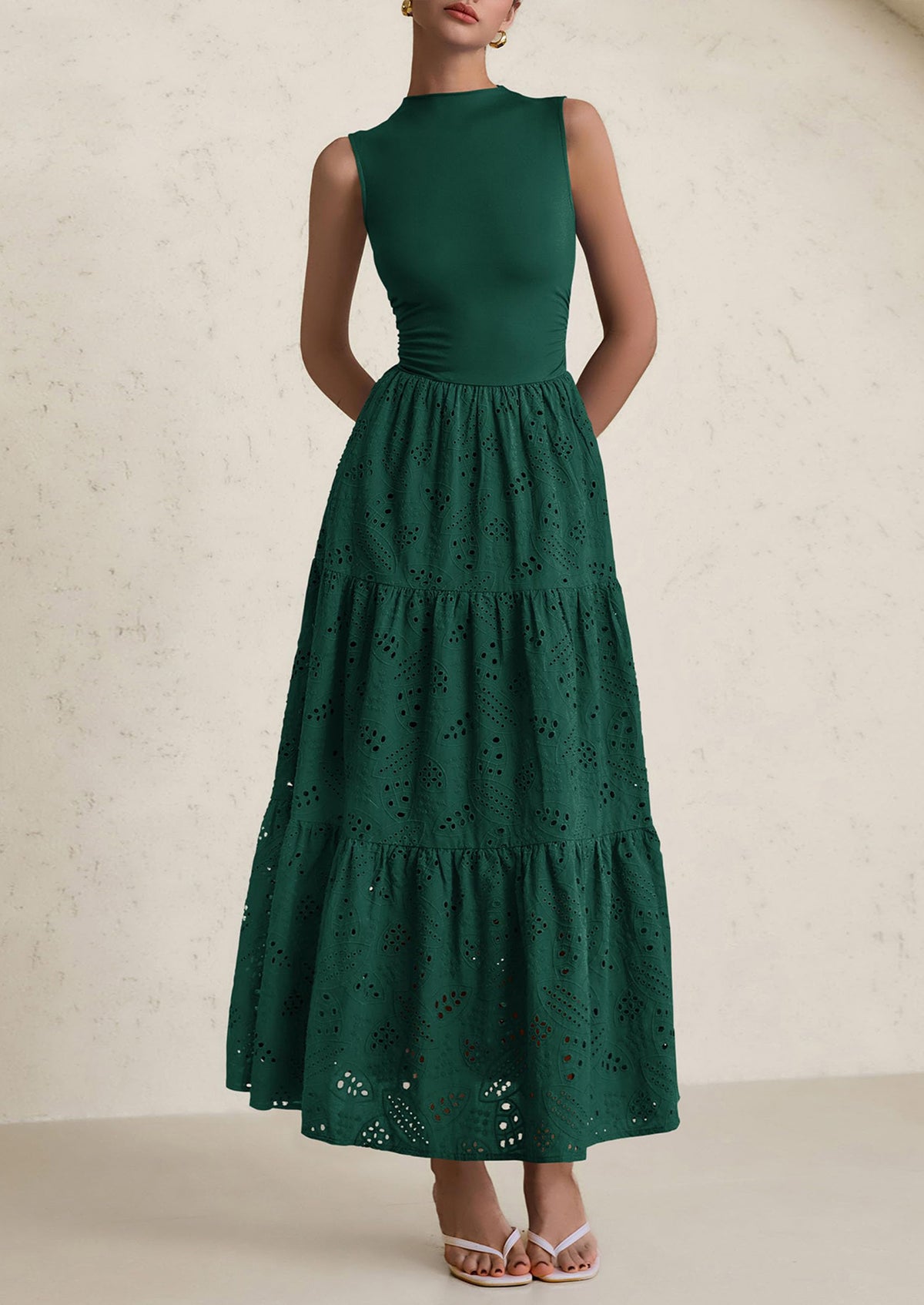 Casual Eyelet Sleeveless Maxi Dress with Pockets